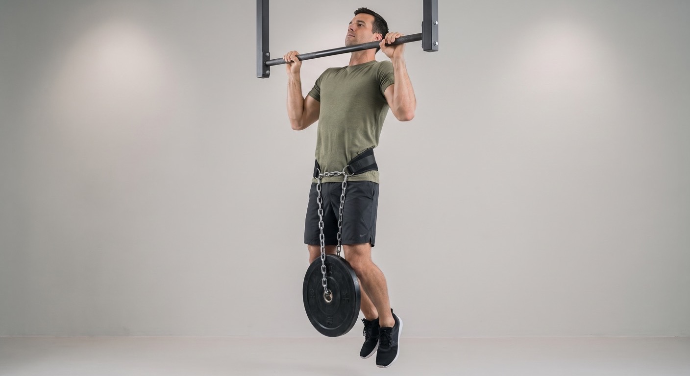 Athlète réalisant une traction lestée avec un disque sur une ceinture de lest